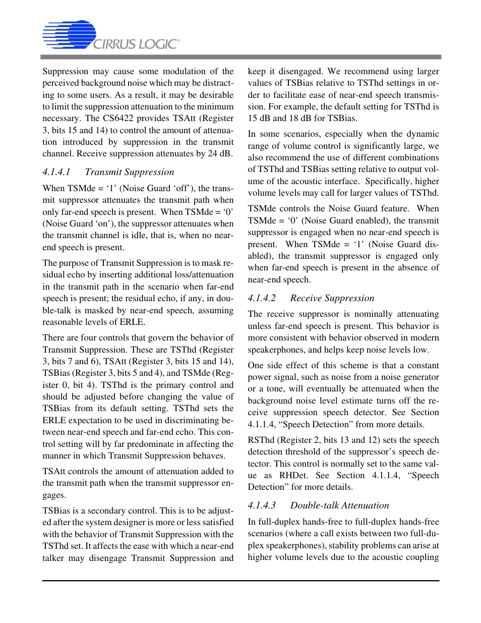 1 transmit suppression 4.1.4.2 receive suppression, 3 double-talk attenuation, Cs6422 | Cirrus Logic CS6422 User Manual | Page 37 / 48