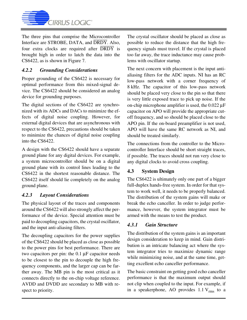 2 grounding considerations, 3 layout considerations, 3 system design | 1 gain structure, Cs6422 | Cirrus Logic CS6422 User Manual | Page 39 / 48