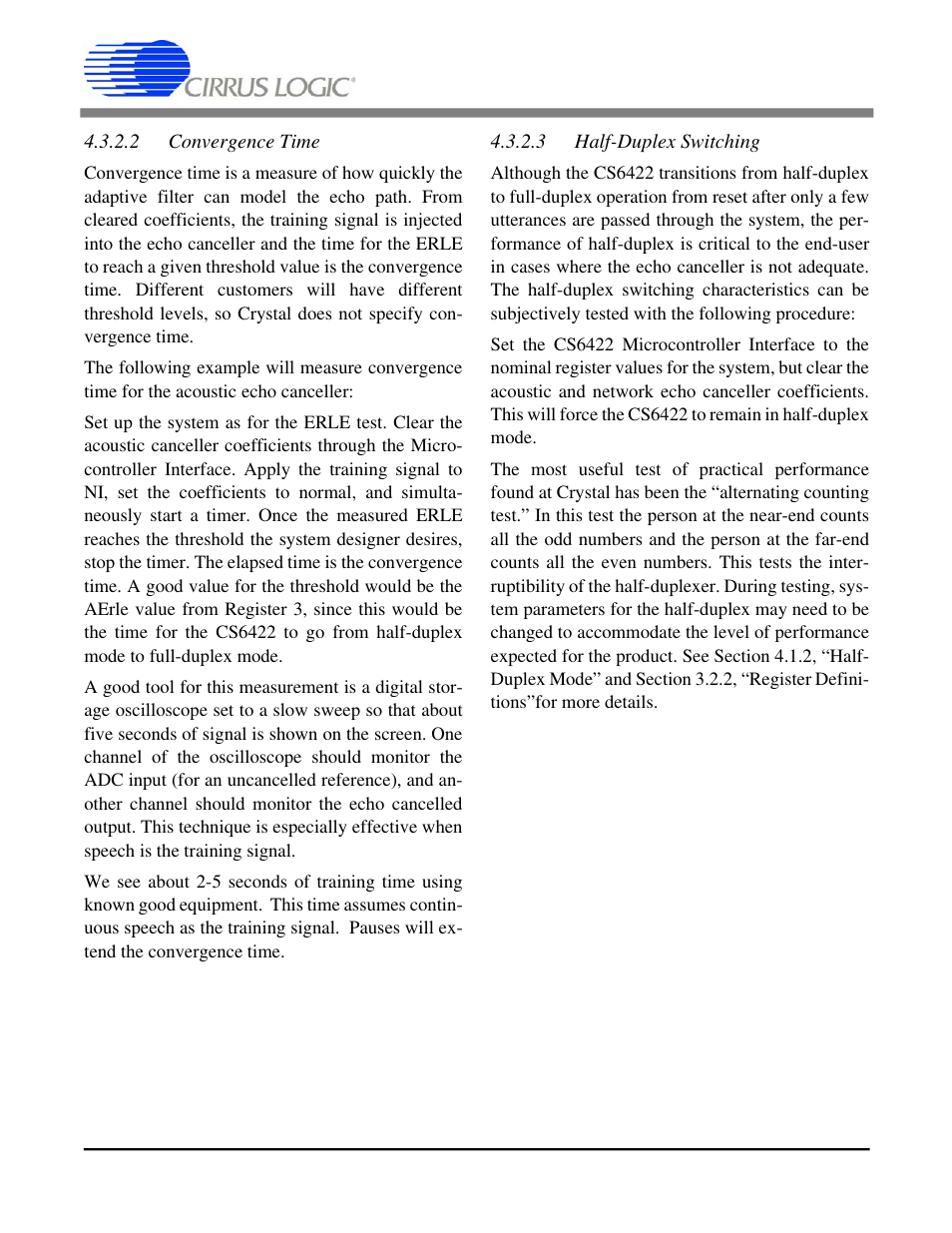 2 convergence time 4.3.2.3 half-duplex switching, Cs6422 | Cirrus Logic CS6422 User Manual | Page 41 / 48