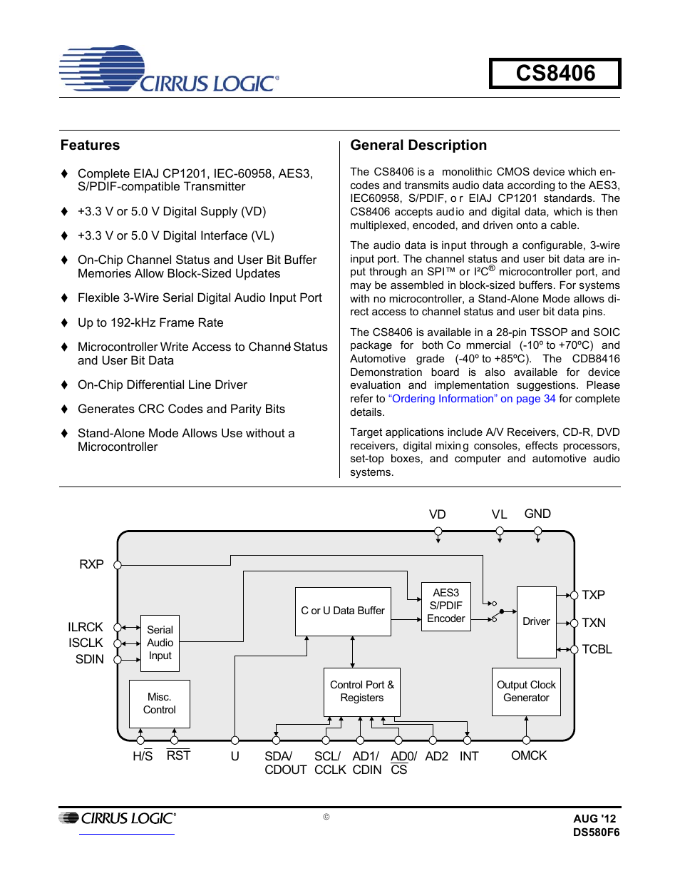 Cirrus Logic CS8406 User Manual | 39 pages