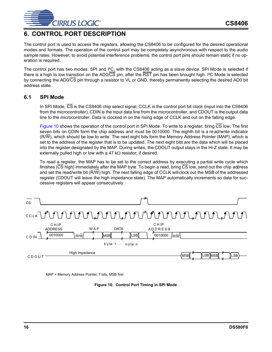 Control port description, 1 spi mode, Figure 10. control port timing in spi mode | Cirrus Logic CS8406 User Manual | Page 16 / 39
