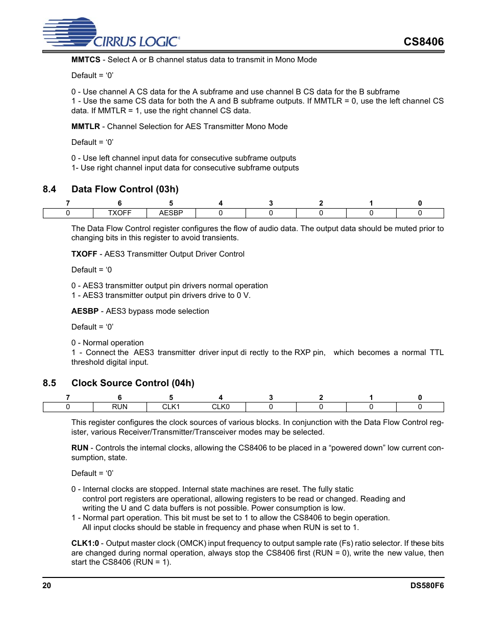 4 data flow control (03h), 5 clock source control (04h), Cs8406 | Cirrus Logic CS8406 User Manual | Page 20 / 39