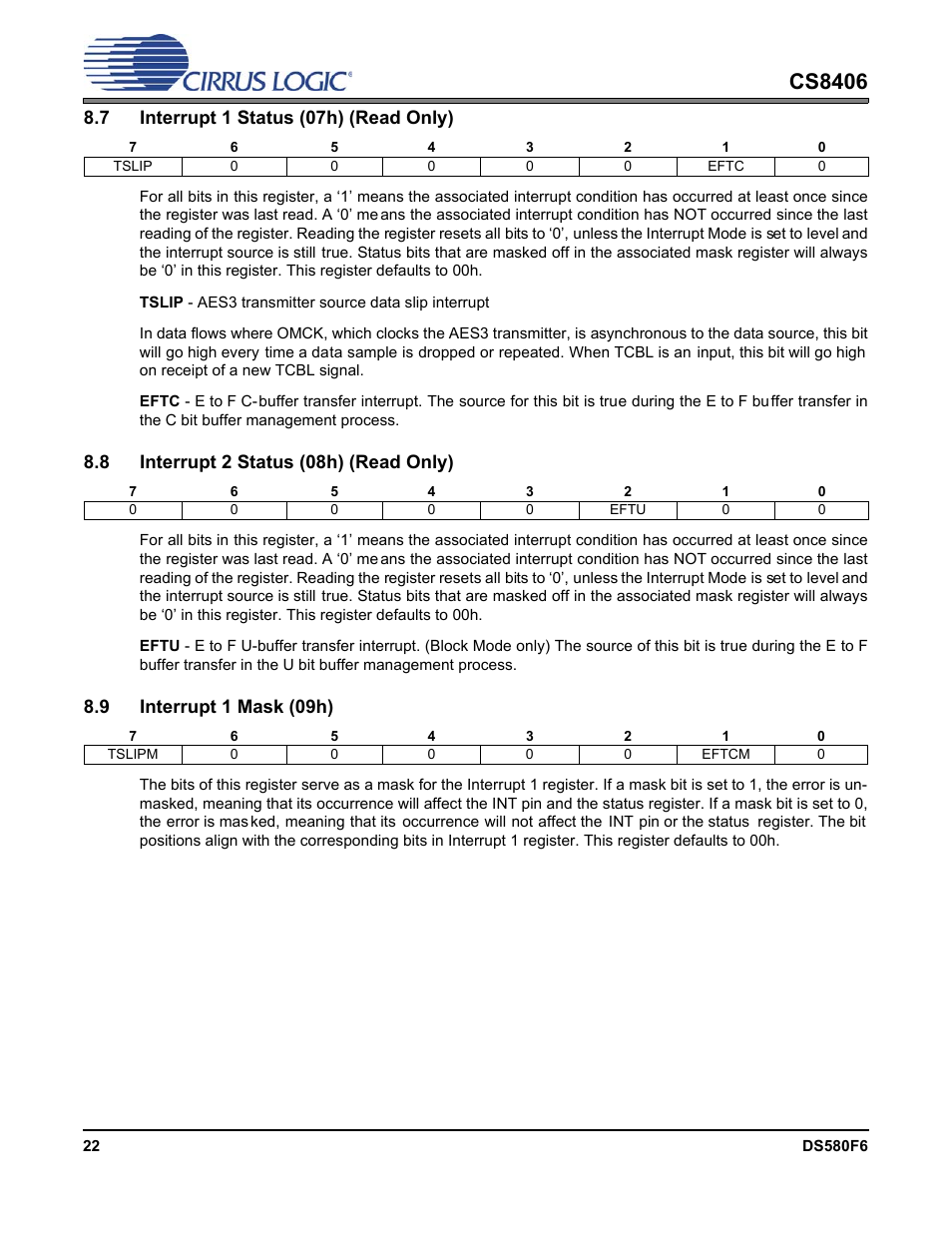 7 interrupt 1 status (07h) (read only), 8 interrupt 2 status (08h) (read only), 9 interrupt 1 mask (09h) | Cs8406 | Cirrus Logic CS8406 User Manual | Page 22 / 39
