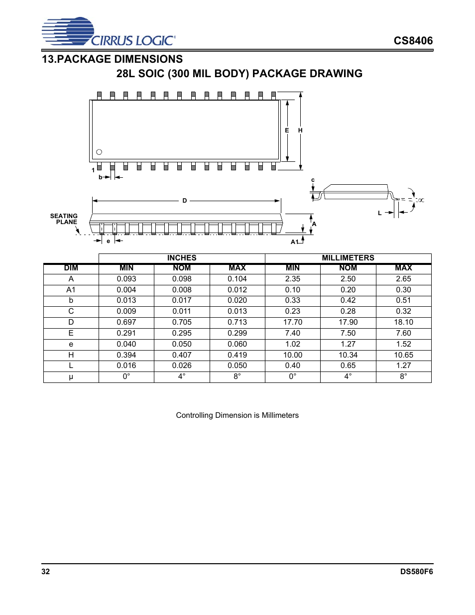 Package dimensions | Cirrus Logic CS8406 User Manual | Page 32 / 39