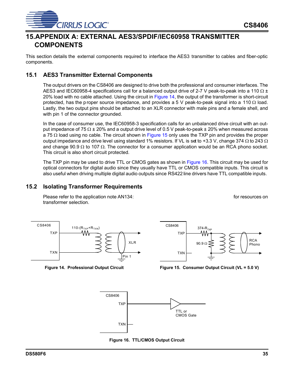 1 aes3 transmitter external components, 2 isolating transformer requirements, Figure 14. professional output circuit | Figure 15. consumer output circuit (vl = 5.0 v), Figure 16. ttl/cmos output circuit | Cirrus Logic CS8406 User Manual | Page 35 / 39