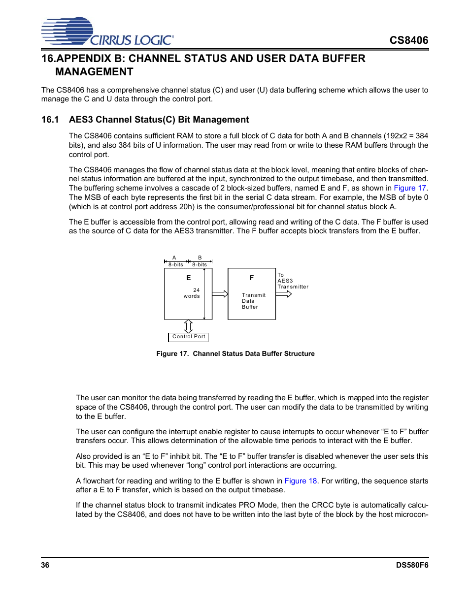 1 aes3 channel status(c) bit management, Figure 17. channel status data buffer structure, 1 accessing the e buffer | Appendix b: channel status and user | Cirrus Logic CS8406 User Manual | Page 36 / 39