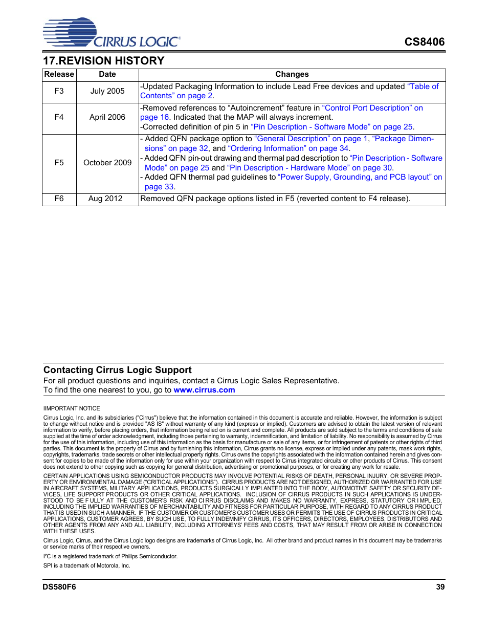 Revision history, Contacting cirrus logic support | Cirrus Logic CS8406 User Manual | Page 39 / 39