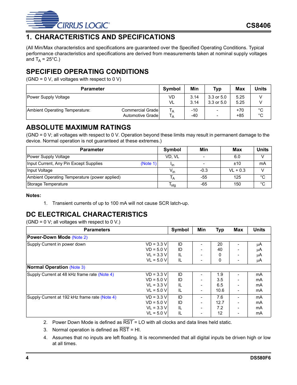 Characteristics and specifications, Specified operating conditions, Absolute maximum ratings | Dc electrical characteristics | Cirrus Logic CS8406 User Manual | Page 4 / 39