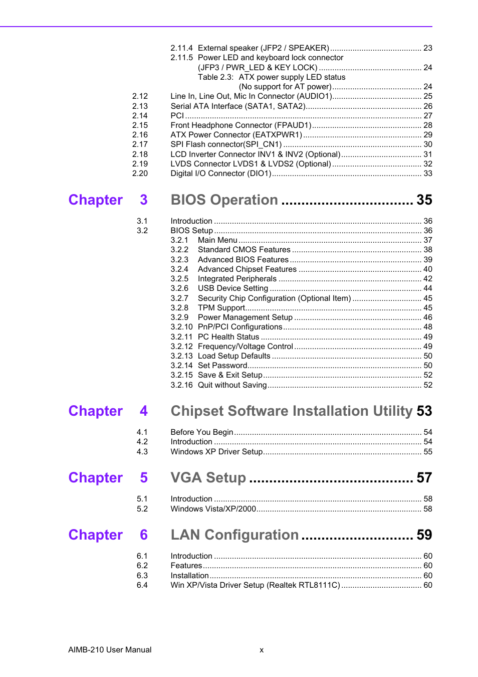 Chapter 3 bios operation, Chapter 4 chipset software installation utility 53, Chapter 5 vga setup | Chapter 6 lan configuration | Advantech INTEL AIMB-210 User Manual | Page 10 / 96