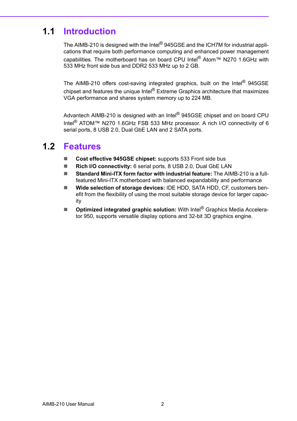 1 introduction, 2 features, Introduction | Features | Advantech INTEL AIMB-210 User Manual | Page 14 / 96