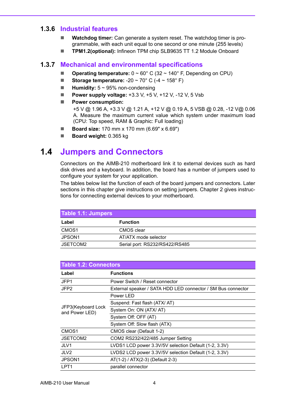 6 industrial features, 7 mechanical and environmental specifications, 4 jumpers and connectors | Table 1.1: jumpers, Table 1.2: connectors, Industrial features, Mechanical and environmental specifications, Jumpers and connectors, Table 1.1: jumpers table 1.2: connectors | Advantech INTEL AIMB-210 User Manual | Page 16 / 96