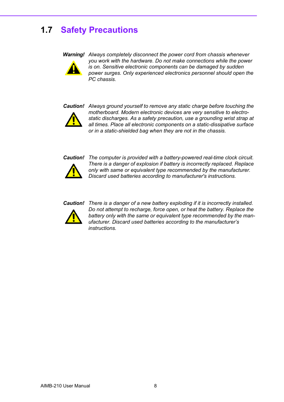 7 safety precautions, Safety precautions | Advantech INTEL AIMB-210 User Manual | Page 20 / 96