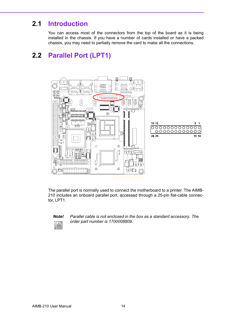 1 introduction, 2 parallel port (lpt1), Introduction | Parallel port (lpt1) | Advantech INTEL AIMB-210 User Manual | Page 26 / 96