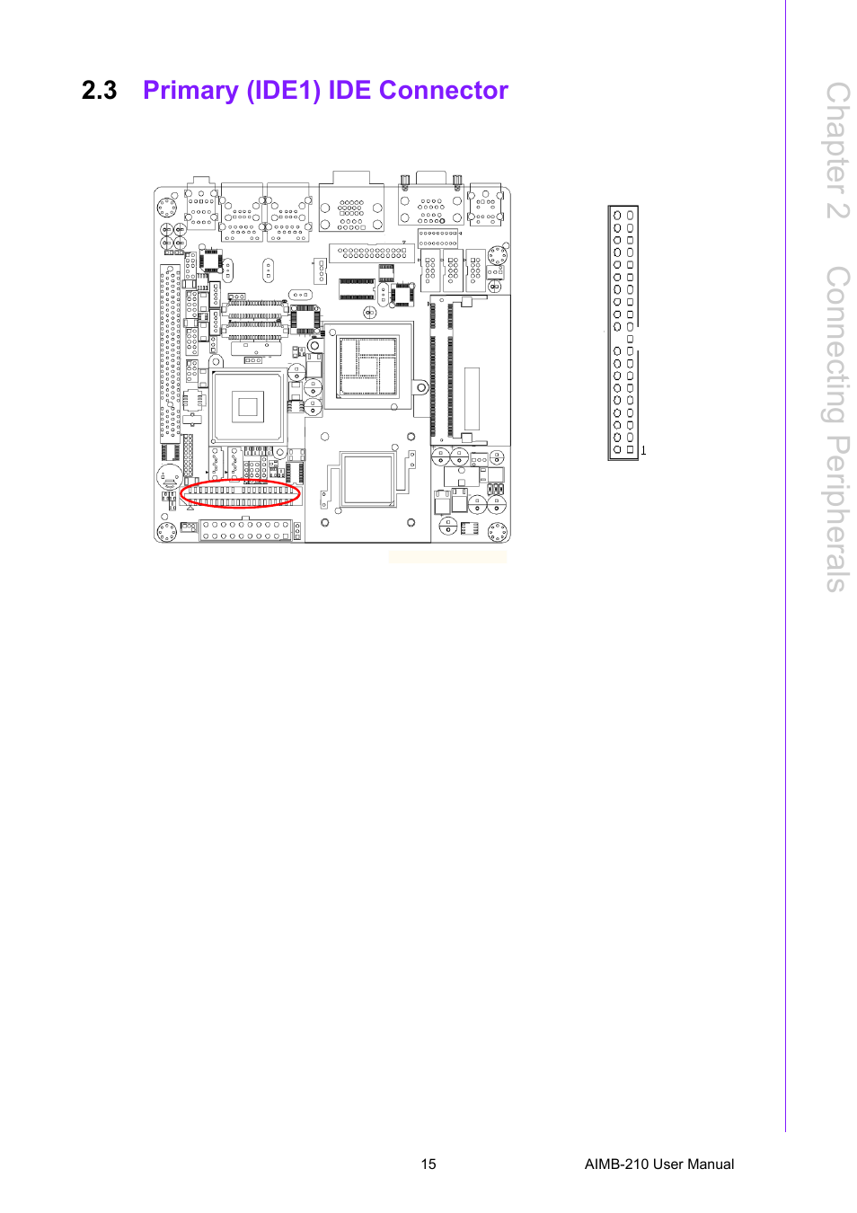 3 primary (ide1) ide connector, Primary (ide1) ide connector, Chapter 2 c onnecting peripherals | Advantech INTEL AIMB-210 User Manual | Page 27 / 96