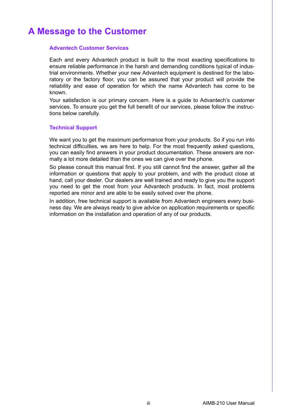 A message to the customer | Advantech INTEL AIMB-210 User Manual | Page 3 / 96
