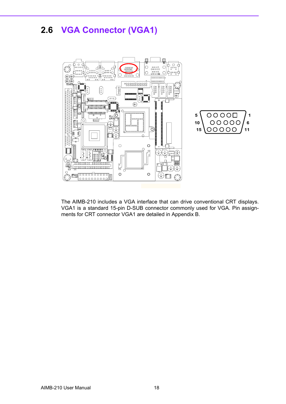 6 vga connector (vga1), Vga connector (vga1) | Advantech INTEL AIMB-210 User Manual | Page 30 / 96