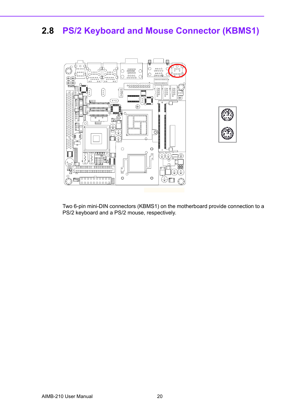 8 ps/2 keyboard and mouse connector (kbms1), Ps/2 keyboard and mouse connector (kbms1) | Advantech INTEL AIMB-210 User Manual | Page 32 / 96