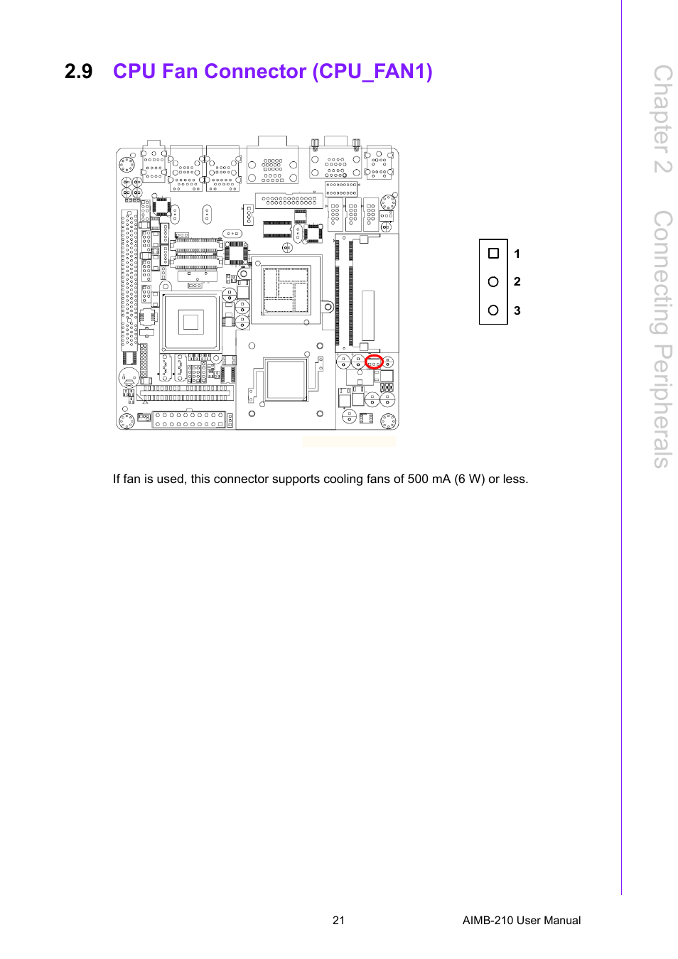 9 cpu fan connector (cpu_fan1), Cpu fan connector (cpu_fan1), Chapter 2 c onnecting peripherals | Advantech INTEL AIMB-210 User Manual | Page 33 / 96