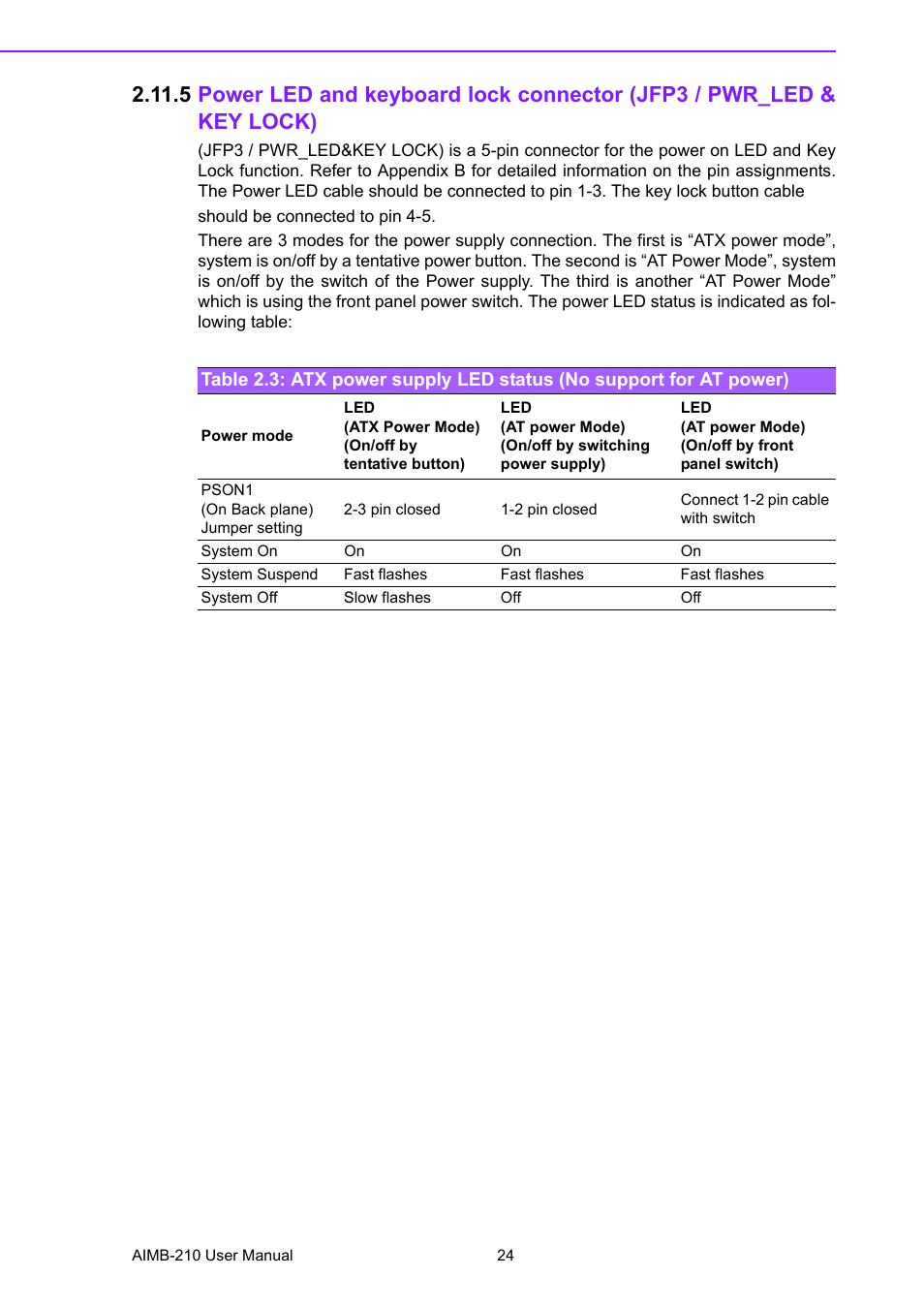 5 power led and keyboard lock connector, No support for at power) | Advantech INTEL AIMB-210 User Manual | Page 36 / 96