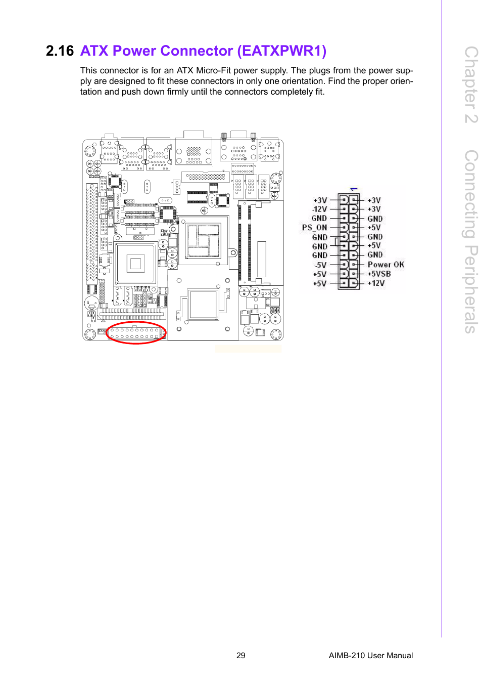 16 atx power connector (eatxpwr1), Atx power connector (eatxpwr1), Chapter 2 c onnecting peripherals | Advantech INTEL AIMB-210 User Manual | Page 41 / 96