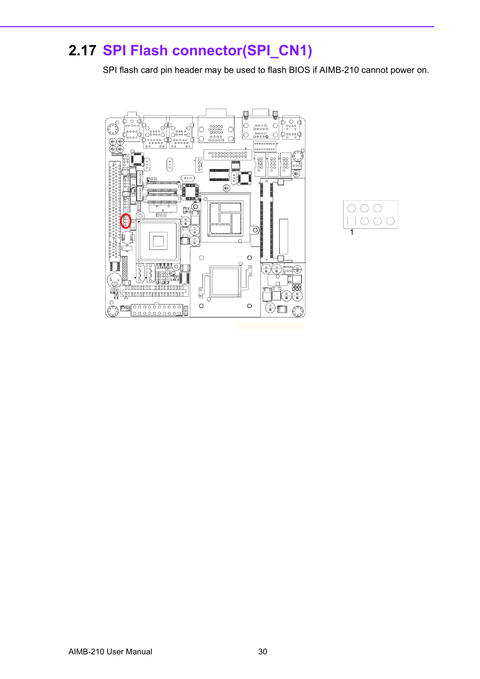 17 spi flash connector(spi_cn1), Spi flash connector(spi_cn1) | Advantech INTEL AIMB-210 User Manual | Page 42 / 96