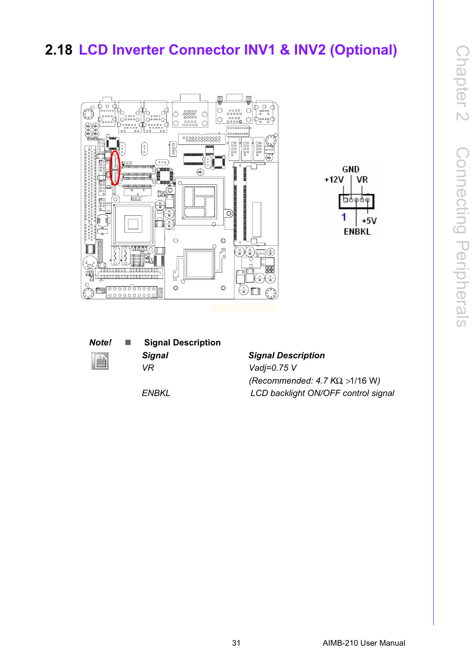 18 lcd inverter connector inv1 & inv2 (optional), Lcd inverter connector inv1 & inv2 (optional), Chapter 2 c onnecting peripherals | Advantech INTEL AIMB-210 User Manual | Page 43 / 96