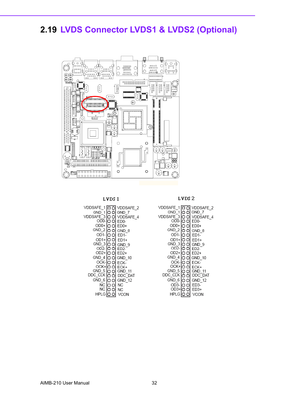 19 lvds connector lvds1 & lvds2 (optional), Lvds connector lvds1 & lvds2 (optional) | Advantech INTEL AIMB-210 User Manual | Page 44 / 96