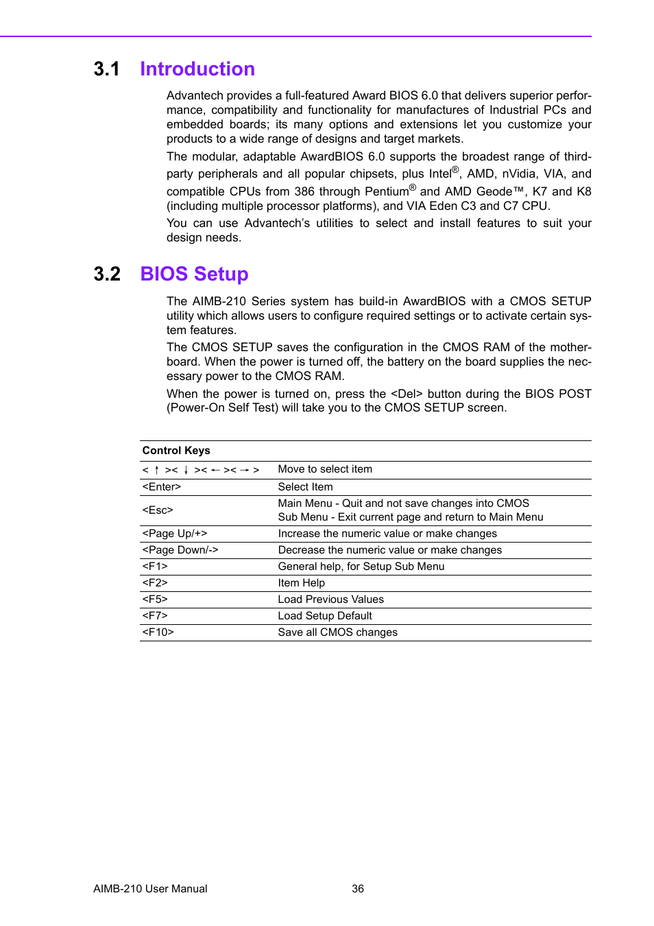 1 introduction, 2 bios setup, Introduction | Bios setup | Advantech INTEL AIMB-210 User Manual | Page 48 / 96