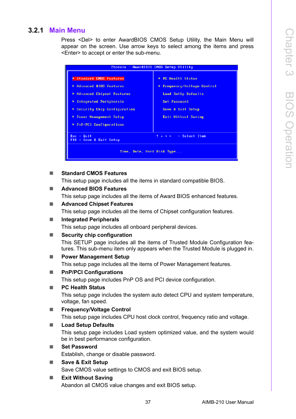 1 main menu, Main menu, Chapter 3 b ios operation | Advantech INTEL AIMB-210 User Manual | Page 49 / 96