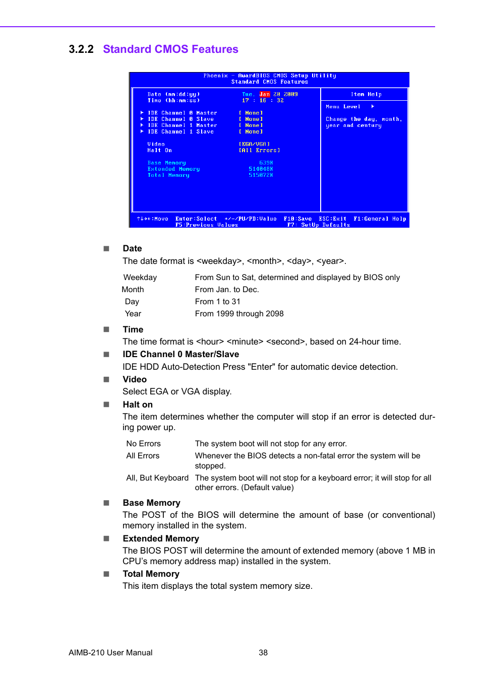 2 standard cmos features, Standard cmos features | Advantech INTEL AIMB-210 User Manual | Page 50 / 96