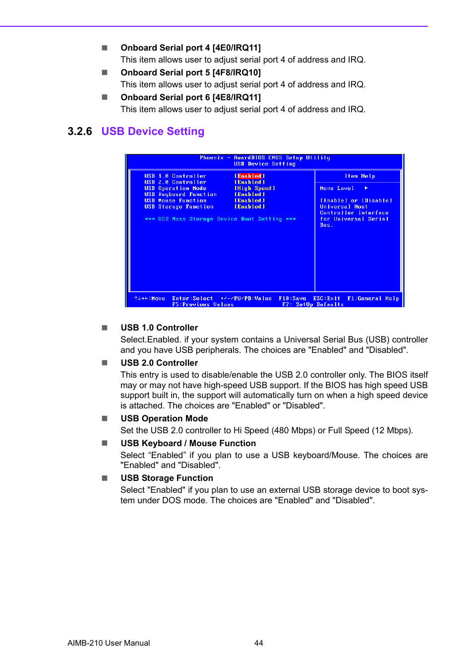 6 usb device setting, Usb device setting | Advantech INTEL AIMB-210 User Manual | Page 56 / 96