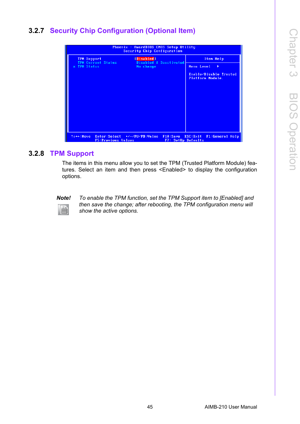 7 security chip configuration (optional item), 8 tpm support, Security chip configuration (optional item) | Tpm support, Chapter 3 b ios operation | Advantech INTEL AIMB-210 User Manual | Page 57 / 96