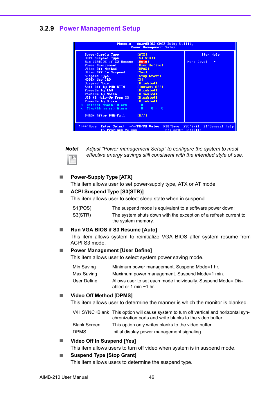 9 power management setup, Power management setup | Advantech INTEL AIMB-210 User Manual | Page 58 / 96