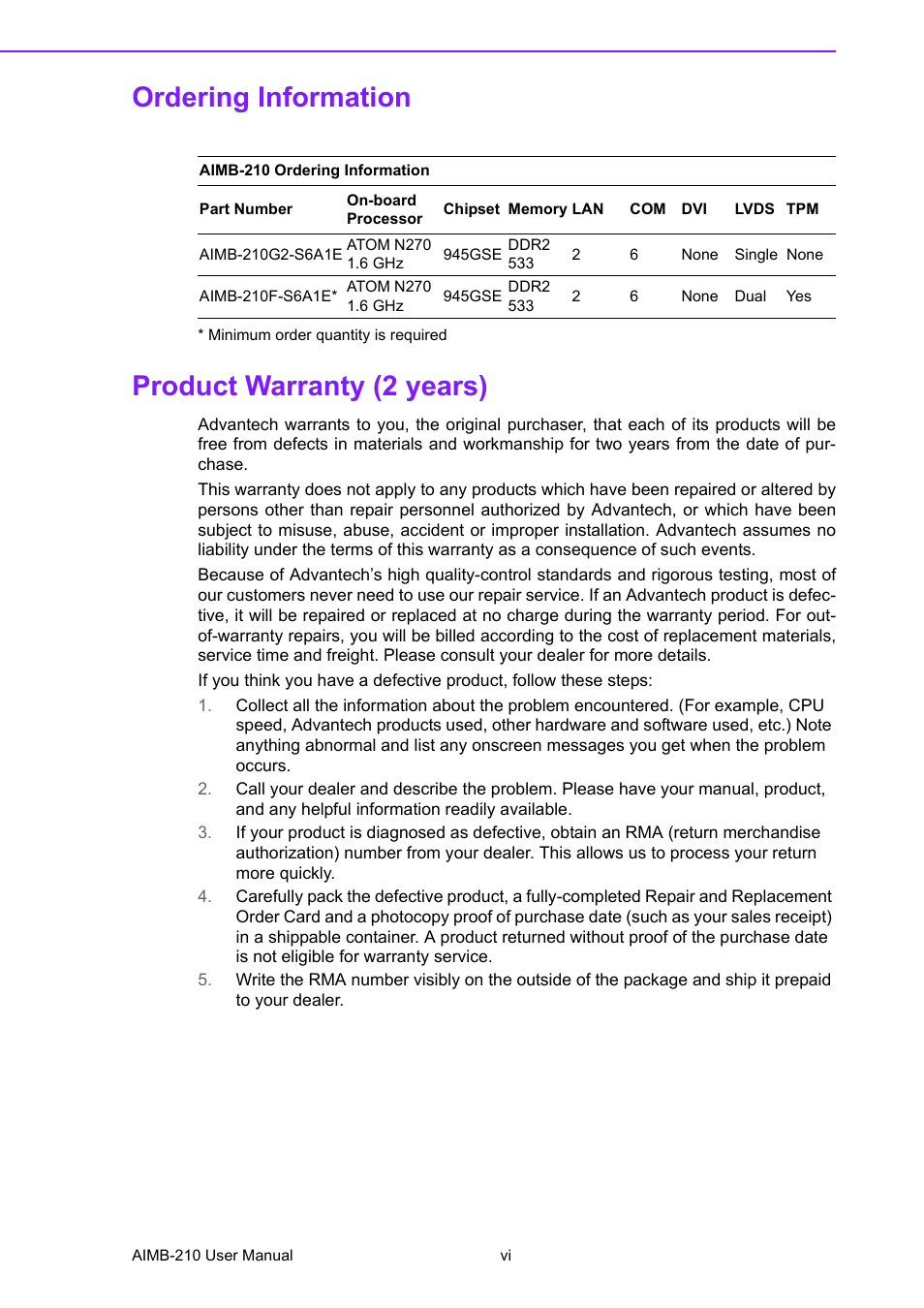 Ordering information, Product warranty (2 years) | Advantech INTEL AIMB-210 User Manual | Page 6 / 96