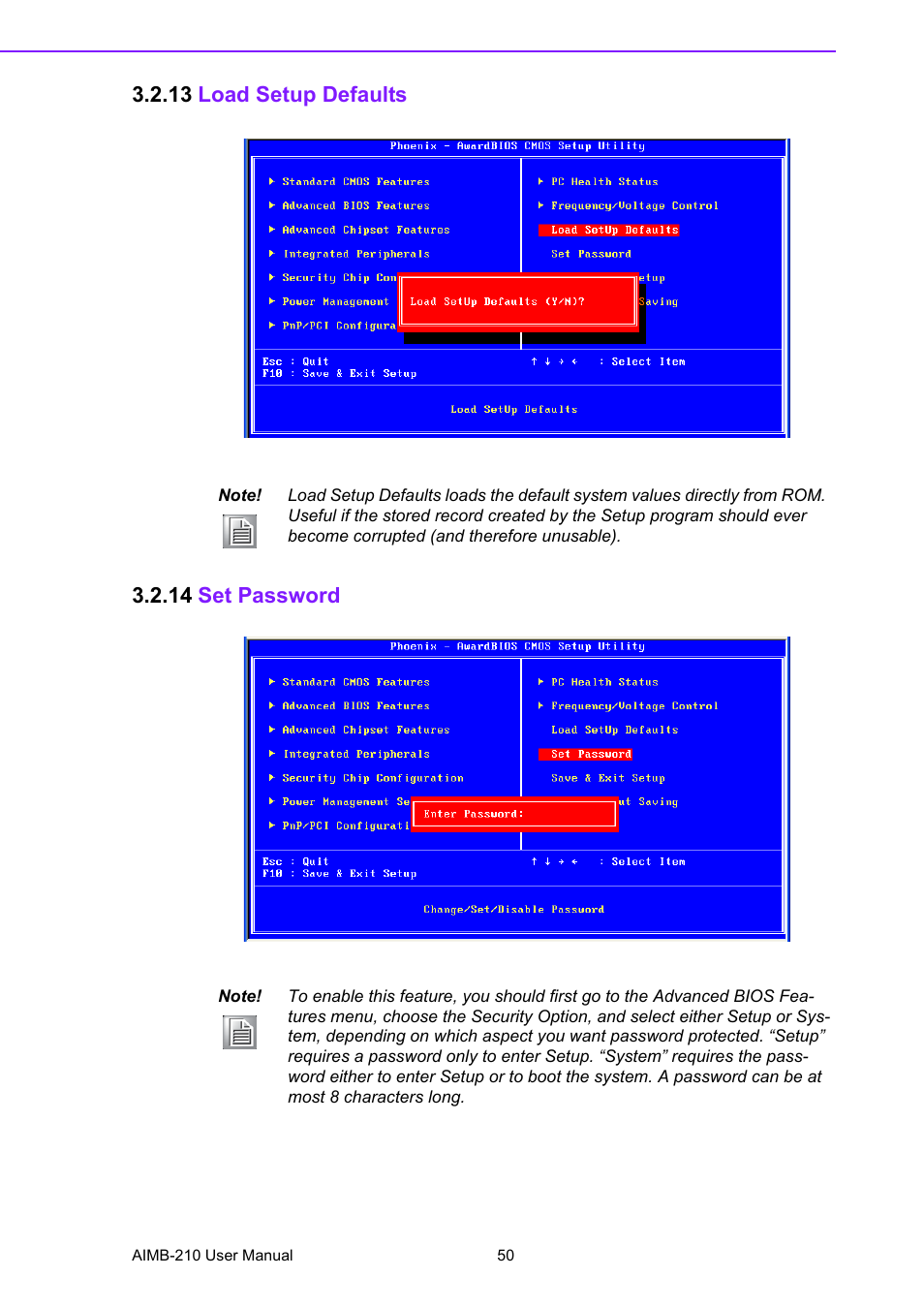 13 load setup defaults, 14 set password, 13 load setup defaults 3.2.14 set password | Advantech INTEL AIMB-210 User Manual | Page 62 / 96