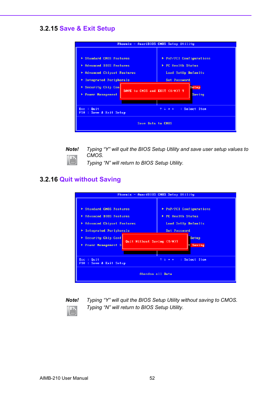 15 save & exit setup, 16 quit without saving, 15 save & exit setup 3.2.16 quit without saving | Advantech INTEL AIMB-210 User Manual | Page 64 / 96