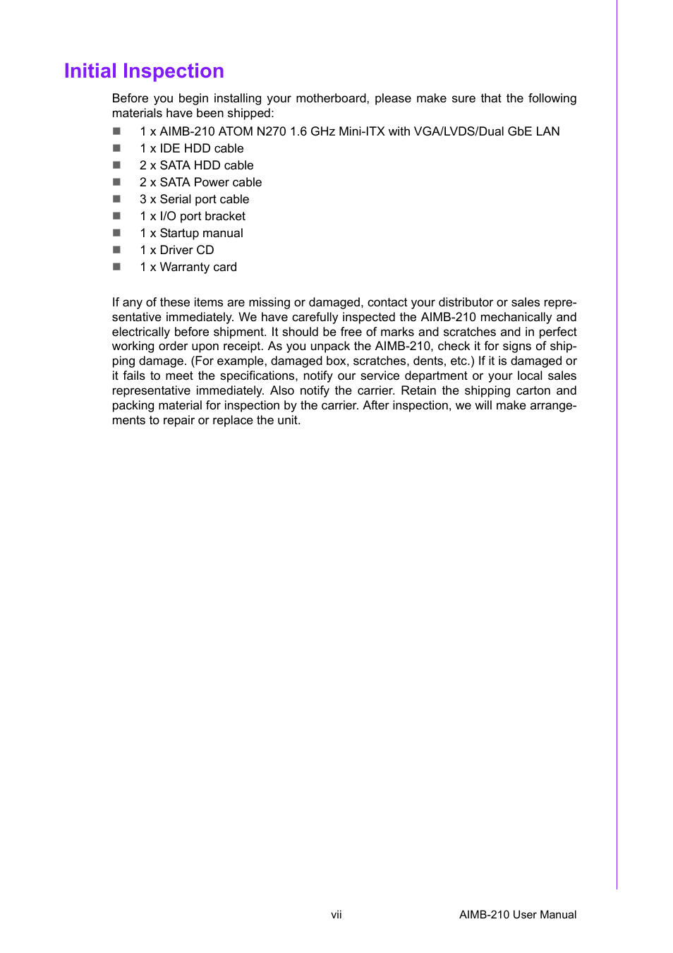 Initial inspection | Advantech INTEL AIMB-210 User Manual | Page 7 / 96