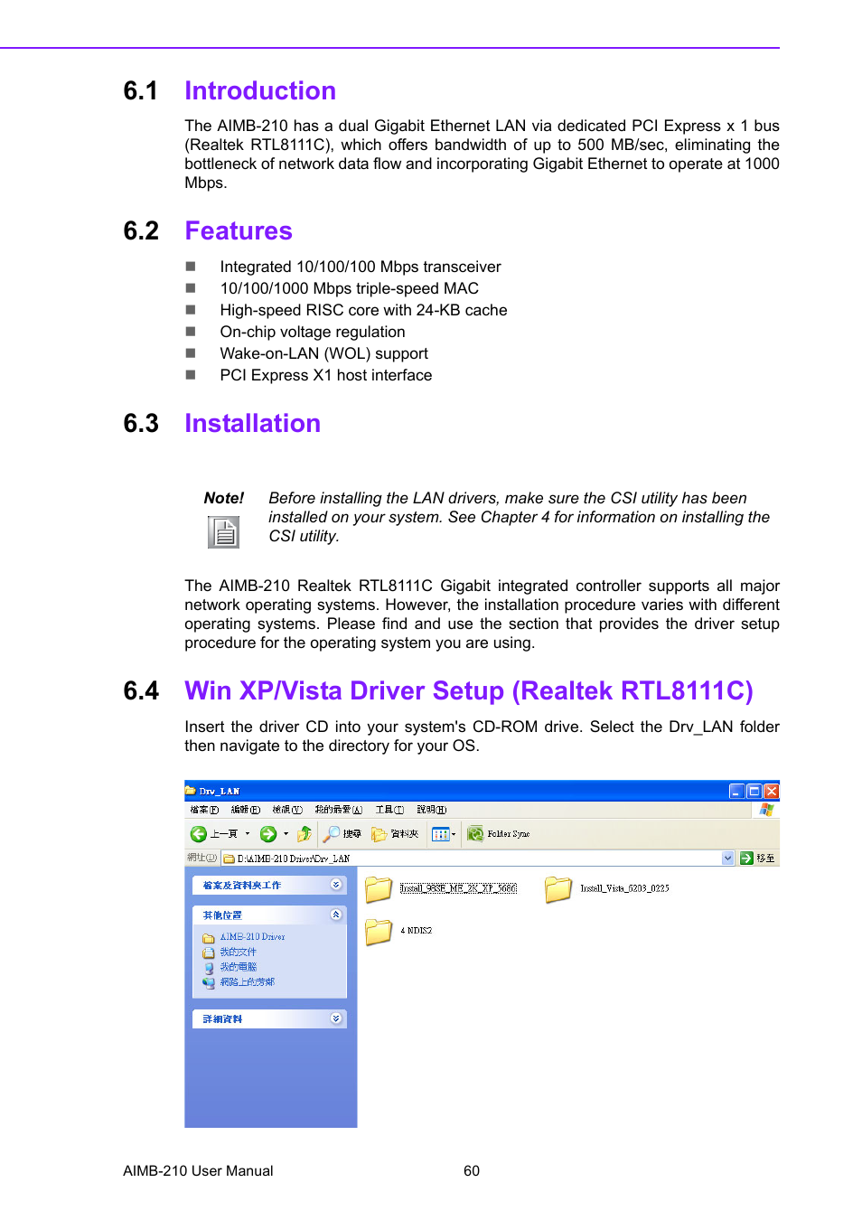 1 introduction, 2 features, 3 installation | 4 win xp/vista driver setup (realtek rtl8111c), Introduction, Features, Installation, Win xp/vista driver setup (realtek rtl8111c) | Advantech INTEL AIMB-210 User Manual | Page 72 / 96