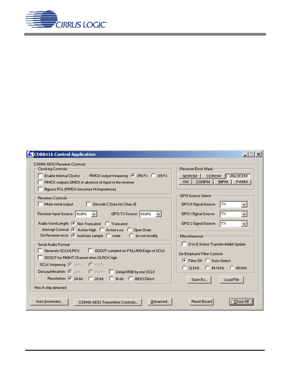 Cdb8416.exe user's guide, 1 main window, Figure 1. cs8416 control panel | Cdb8416 | Cirrus Logic CDB8416 User Manual | Page 8 / 26