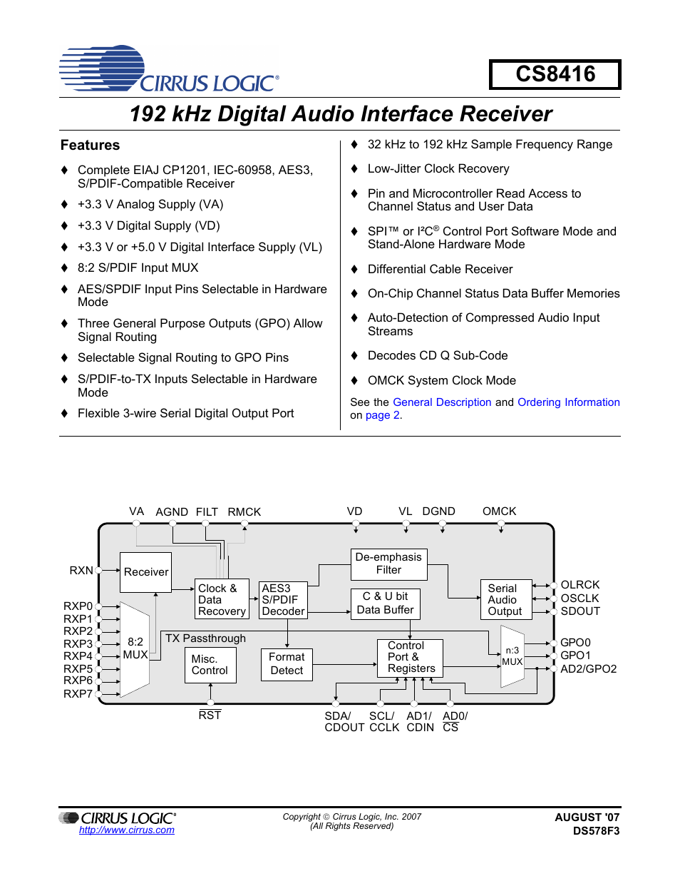 Cirrus Logic CS8416 User Manual | 60 pages