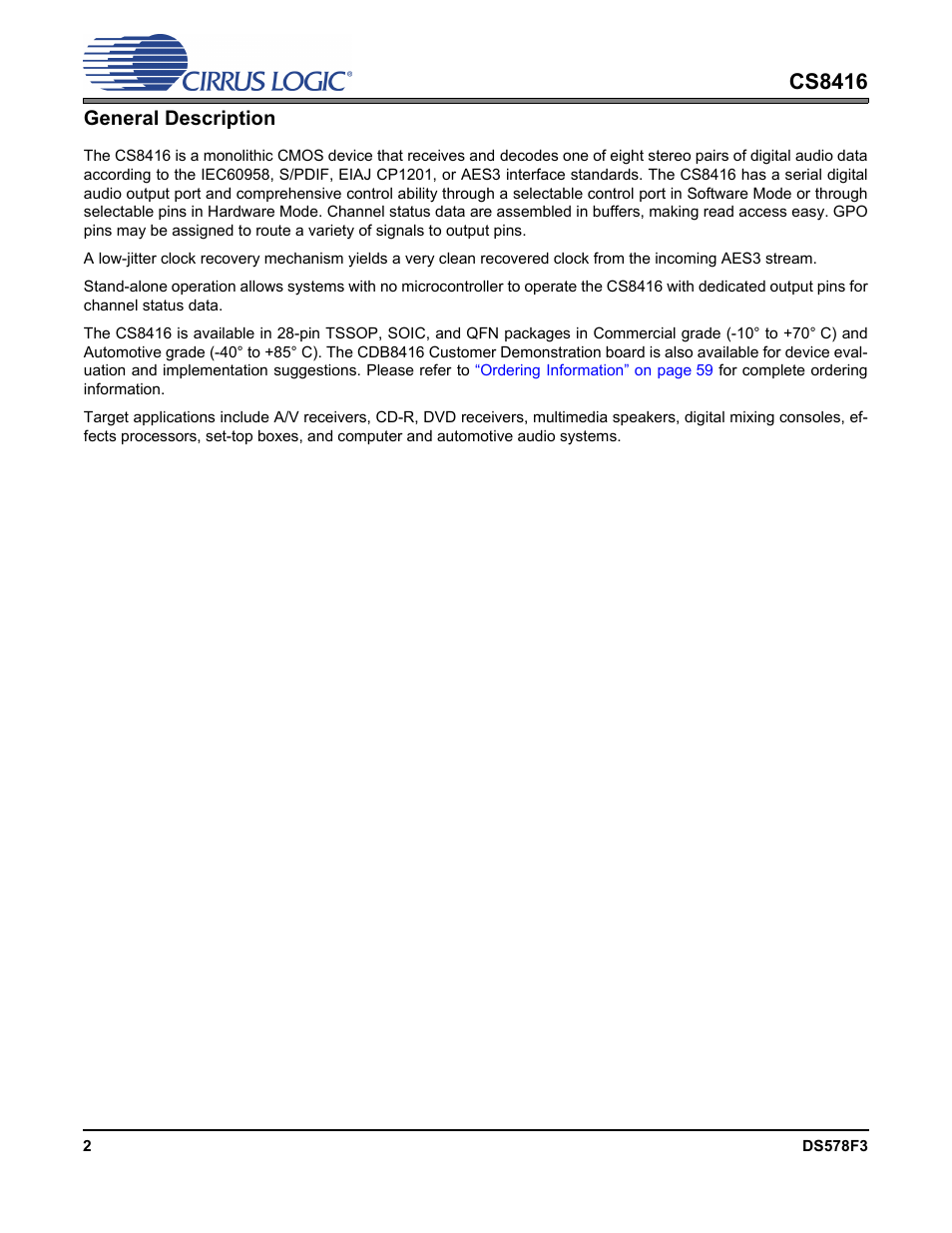 General description, Cs8416 | Cirrus Logic CS8416 User Manual | Page 2 / 60