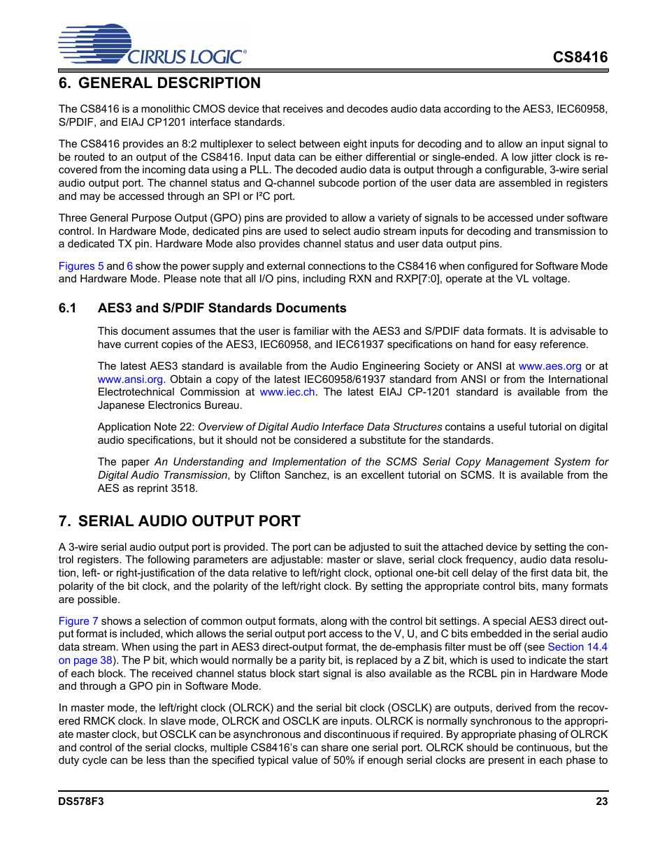 General description, 1 aes3 and s/pdif standards documents, Serial audio output port | Cirrus Logic CS8416 User Manual | Page 23 / 60