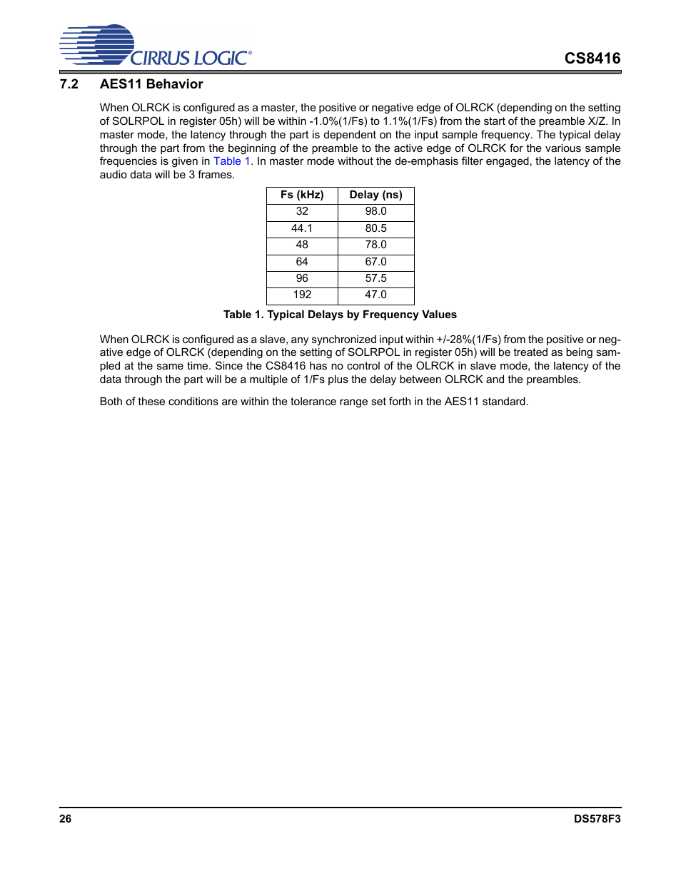 2 aes11 behavior, Table 1. typical delays by frequency values, Cs8416 | Cirrus Logic CS8416 User Manual | Page 26 / 60