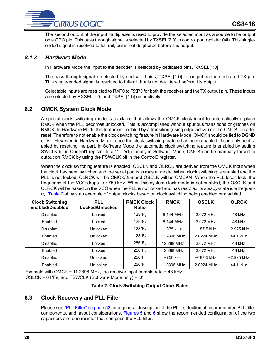 3 hardware mode, 2 omck system clock mode, Table 2. clock switching output clock rates | 3 clock recovery and pll filter, Omck system, Cs8416 | Cirrus Logic CS8416 User Manual | Page 28 / 60