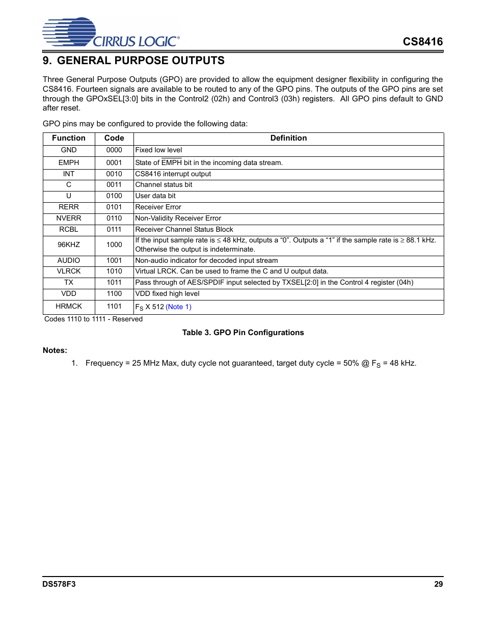 General purpose outputs, Table 3. gpo pin configurations, General purpose | Cirrus Logic CS8416 User Manual | Page 29 / 60