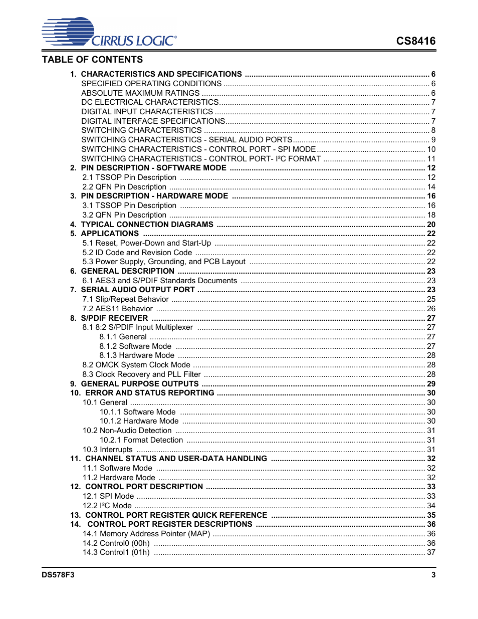 Cs8416 | Cirrus Logic CS8416 User Manual | Page 3 / 60