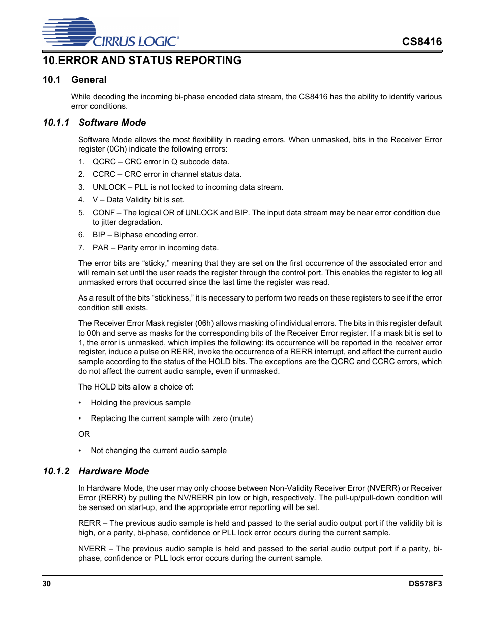 Error and status reporting, 1 general, 1 software mode | 2 hardware mode, 1 software mode 10.1.2 hardware mode | Cirrus Logic CS8416 User Manual | Page 30 / 60