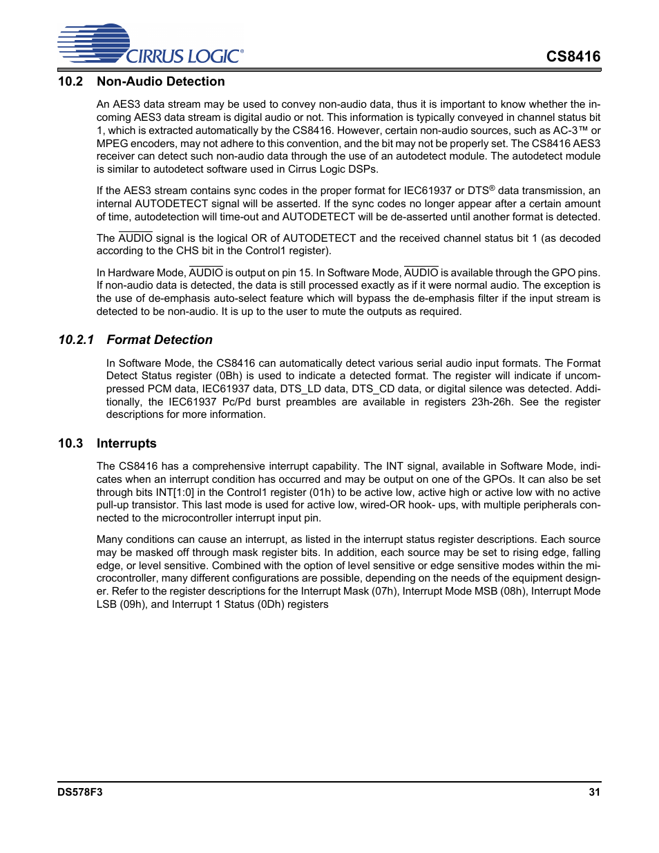 2 non-audio detection, 1 format detection, 3 interrupts | Cs8416 | Cirrus Logic CS8416 User Manual | Page 31 / 60
