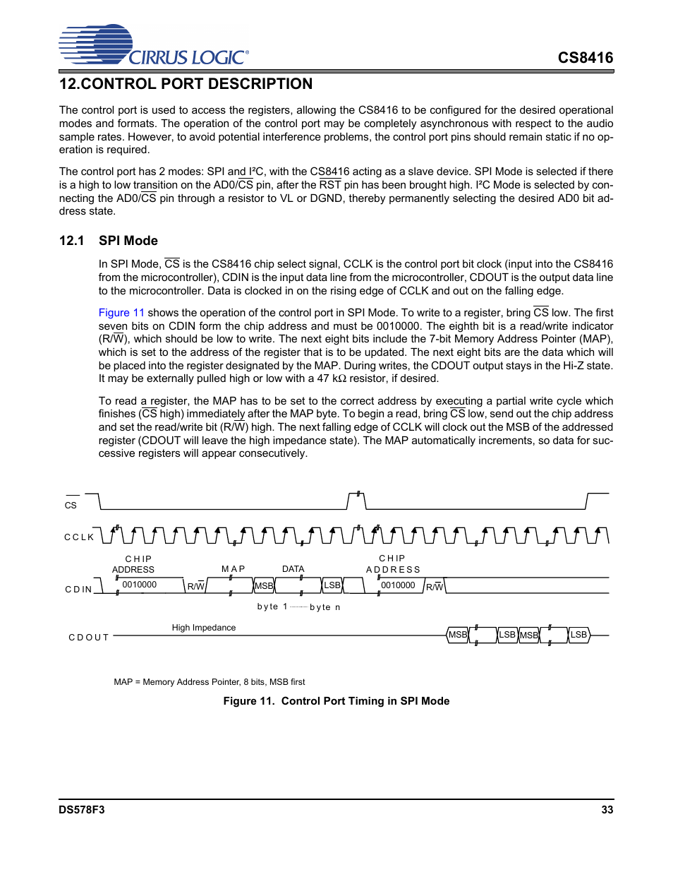 Control port description, 1 spi mode, Figure 11. control port timing in spi mode | See the, Control port description” section on | Cirrus Logic CS8416 User Manual | Page 33 / 60