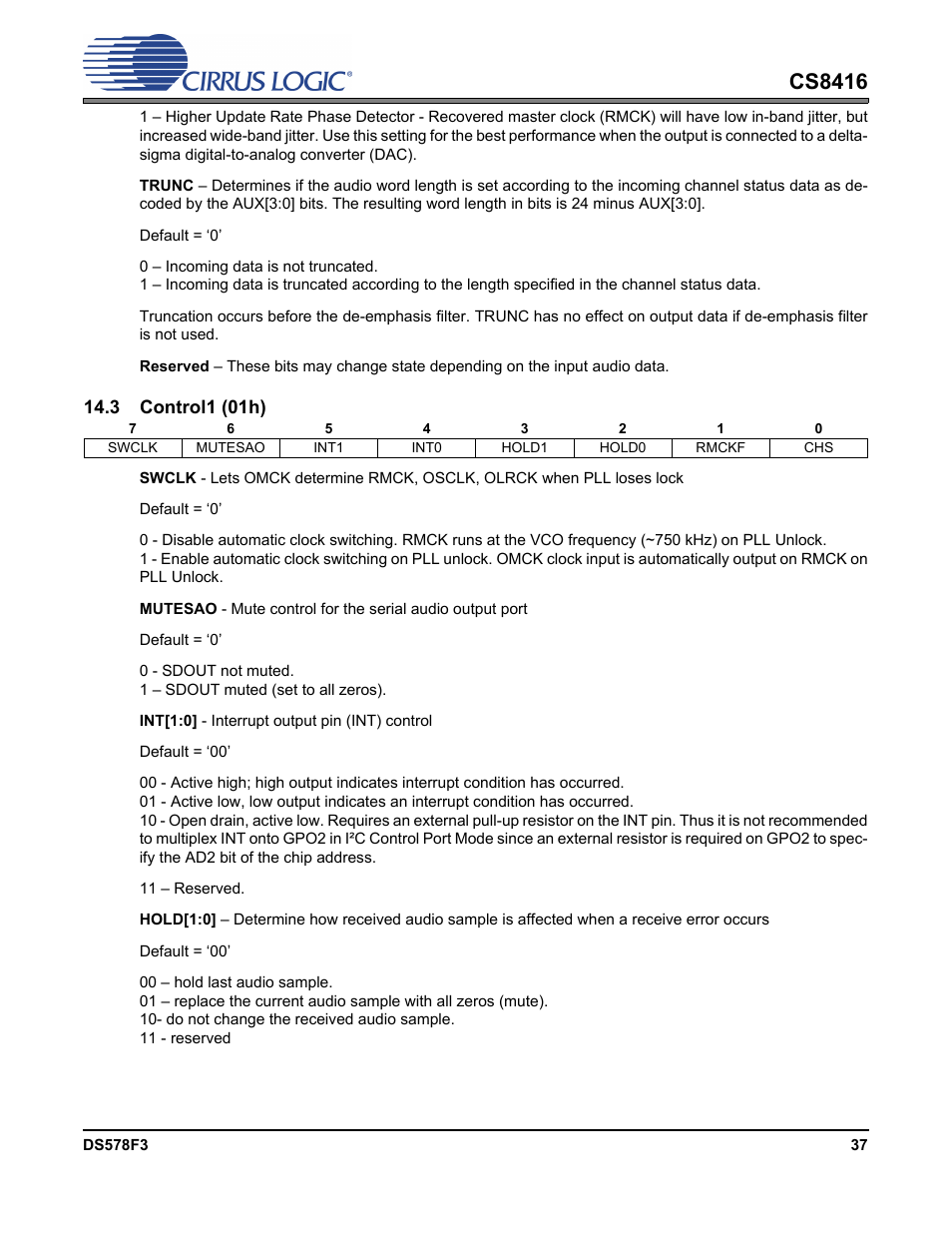 3 control1 (01h), Cs8416 | Cirrus Logic CS8416 User Manual | Page 37 / 60